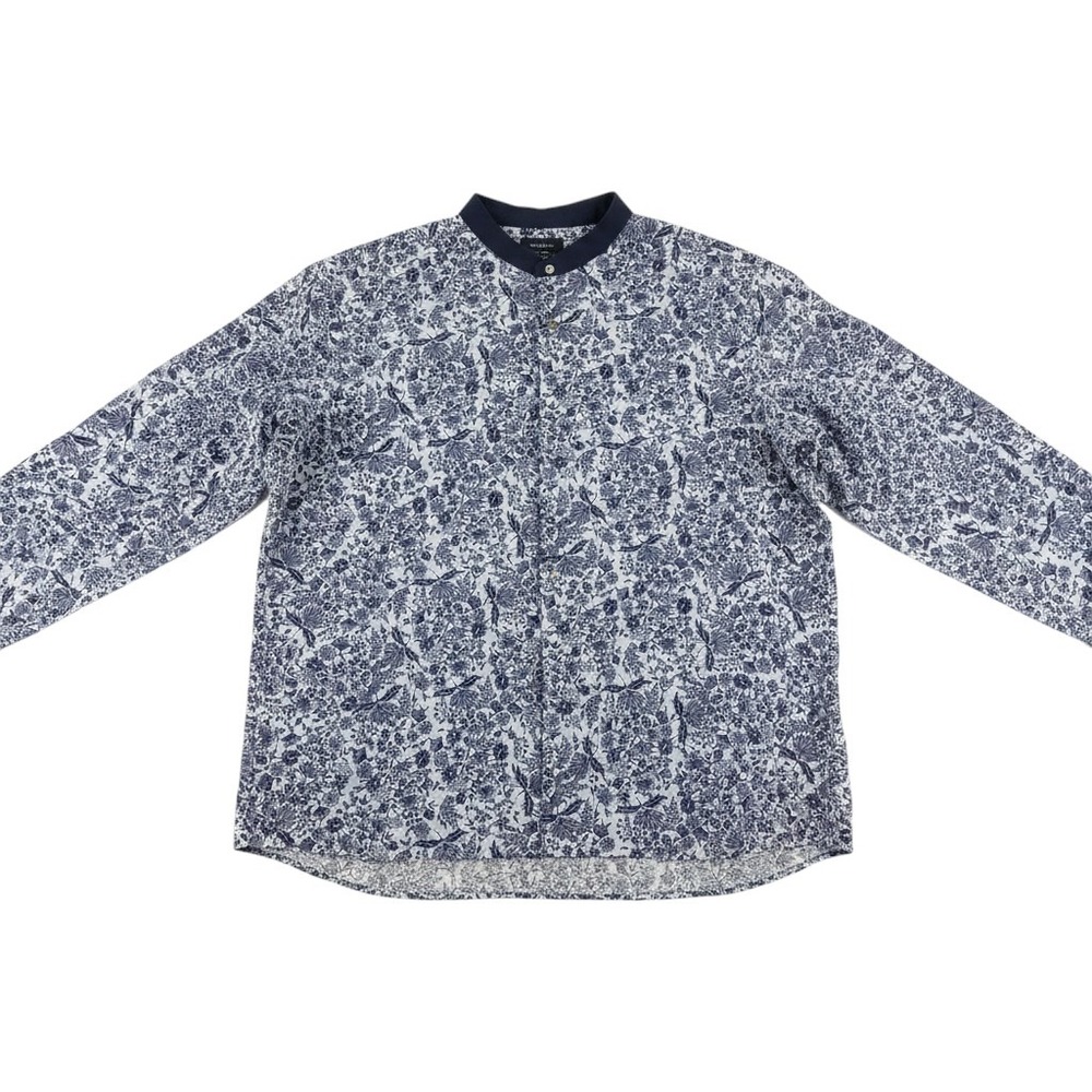 Paul Fredrick Mens Shirt XXL Blue Floral Banded Collar Classic Fit Cotton